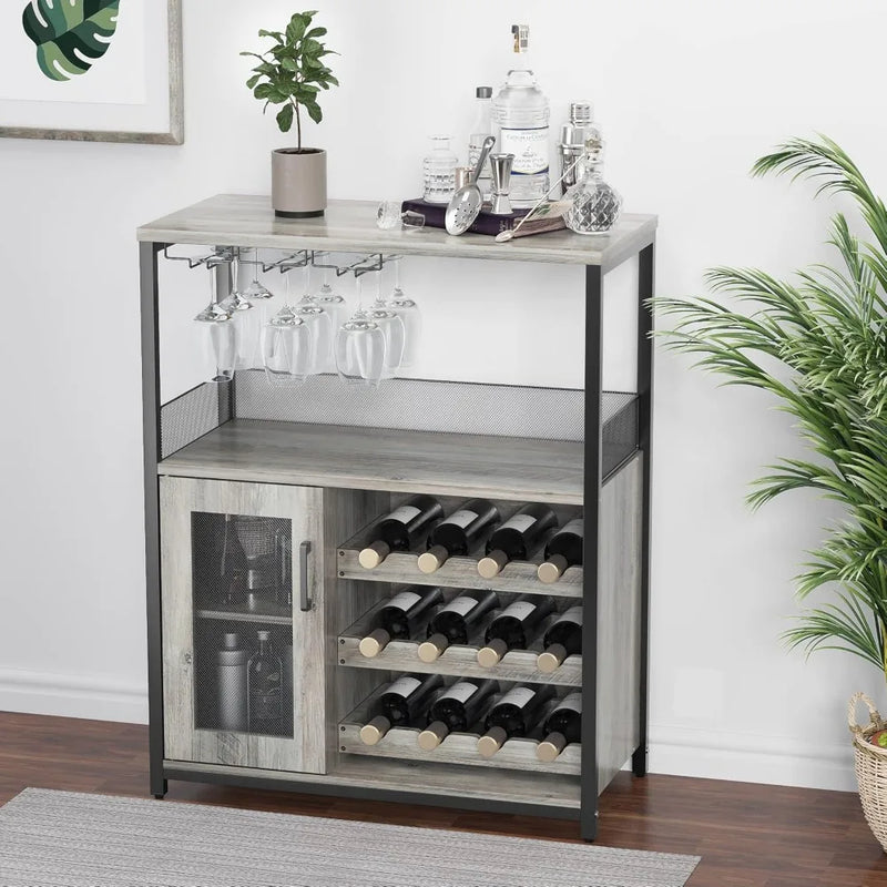 Wine Bar Rack Cabinet with Detachable Wine Rack, Bar Cabinet with Glass Holder, Small Sideboard and Buffet Cabinet with Mesh Doo