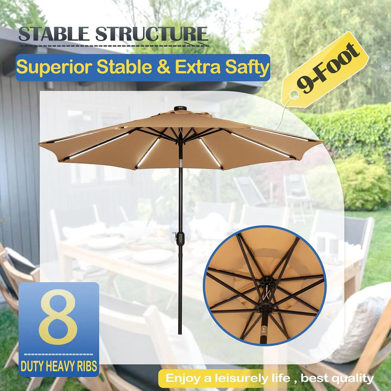 9FT Outdoor Solar LED Lighted Patio Umbrella with 8 LED Strip Lights & 8 Ribs, Convenient Crank Lift System