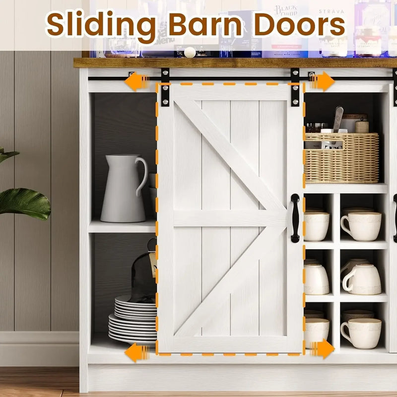 Bar Cabinet, 47” Buffet Sideboard with 4 Glass Hooks & 9 Wine Racks, Coffee Bar Cabinet with Sliding Barn Door Bar Cabinet