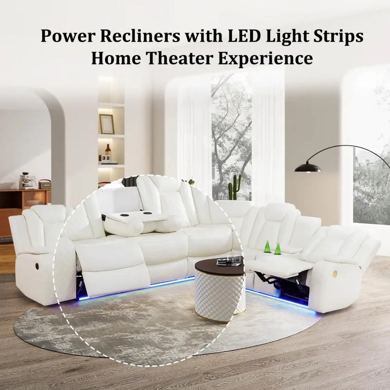 Sofa Living Room, Power Reclining Sectional Sofa USB Chargers And Storage Console, Leather Recliner Sofa For Living Room Set