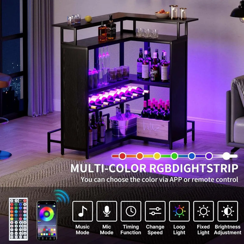 L Shaped Mini Home Bar Unit for Living Room with Music Sensing LED Light, Tall Bars Furniture Table with Wine Rack Alcohol Stor