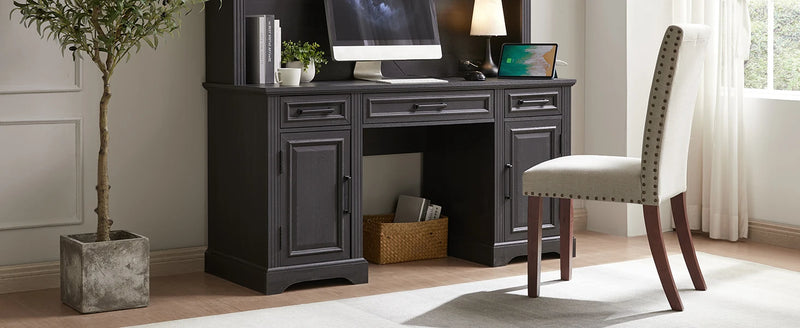 JXQTLINGMU Farmhouse 76" Height Computer Office Desk with Hutch Charging Station Drawers Storage Cabinet Workstation Home