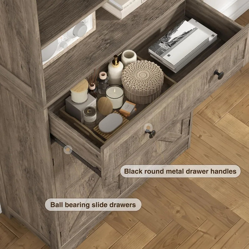 71"H Farmhouse Tall Storage Cabinet, Kitchen Pantry Cabinet with Barn Doors and Adjustable Shelves, Floor Standing Bookshelf 5 T