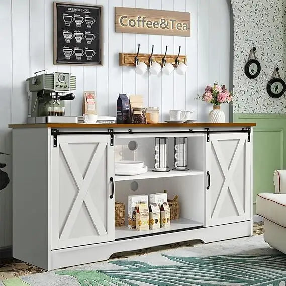 Farmhouse Coffee Bar Cabinet, 59" Buffet Cabinet with Storage & Sliding Barn Doors, Kitchen Storage Cabinet, Coffe