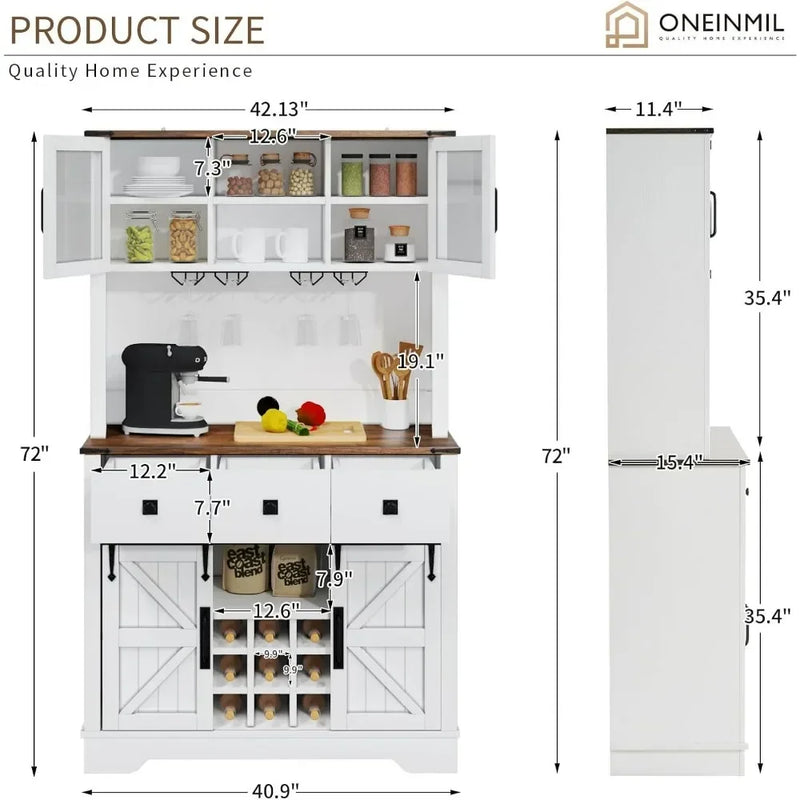 Farmhouse Coffee Bar Cabinet with Storage, Tall Bar Cabinet with 3 Drawers, Wine Bar Cabinet with Sliding Barn Doors
