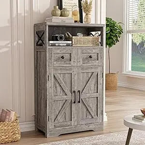 71"H Farmhouse Tall Storage Cabinet, Kitchen Pantry Cabinet with Barn Doors and Adjustable Shelves, Floor Standing Bookshelf 5 T
