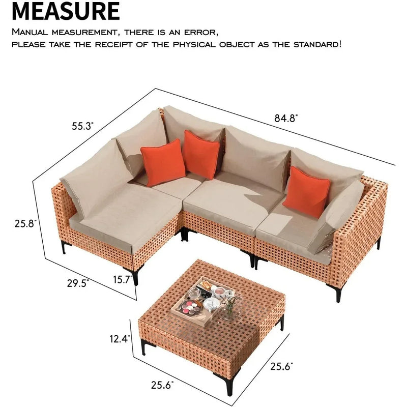 5 Piece Outdoor Patio Furniture Set Modular Outdoor Furniture Set Wicker Outdoor Sectional Sofa with Cushions and Table Patio