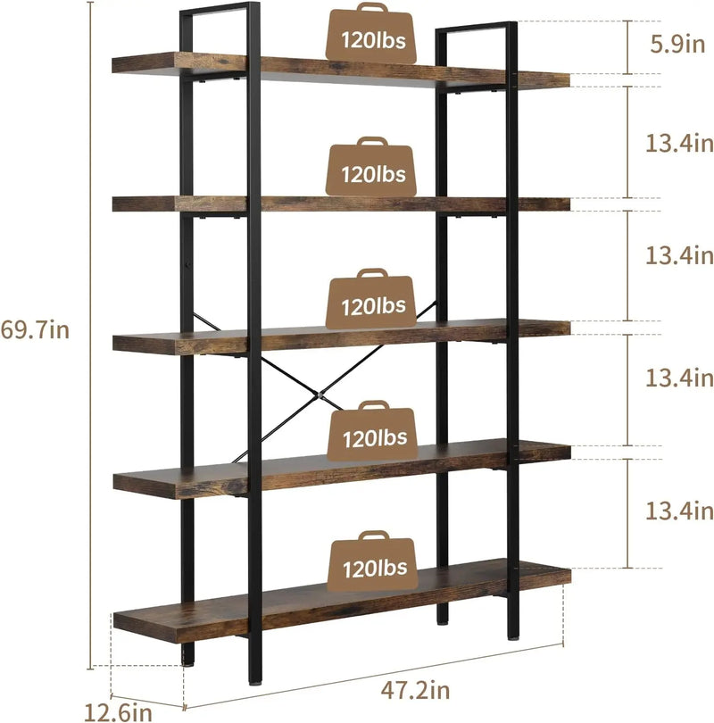 Bookshelf, 5 Tier Book Shelf, Industrial Bookcase For Home And Office, 47"" Length Wide Wood Standing Bookshelf Display Open
