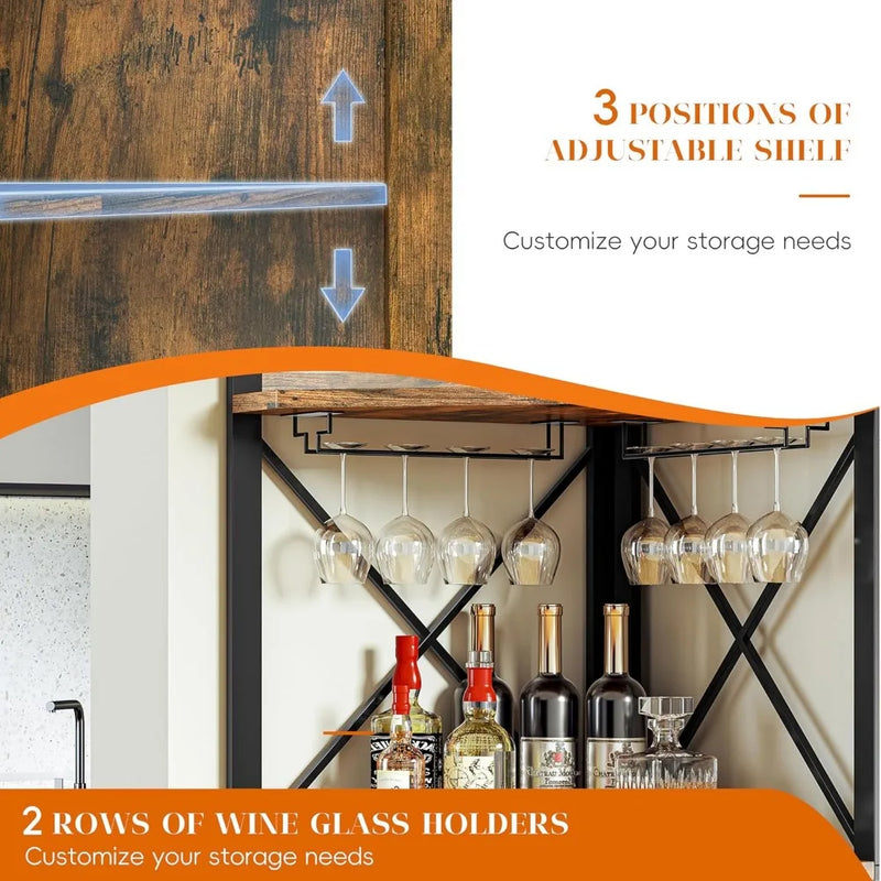 Corner Bar Cabinet with Storage, Wine Cabinet with Glass Holder, Metal Mesh Door & Adjustable Shelf, Liquor Cabinet Bar for Home