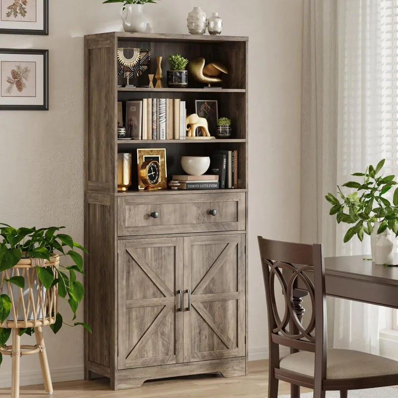 71"H Farmhouse Tall Storage Cabinet, Kitchen Pantry Cabinet with Barn Doors and Adjustable Shelves, Floor Standing Bookshelf 5 T