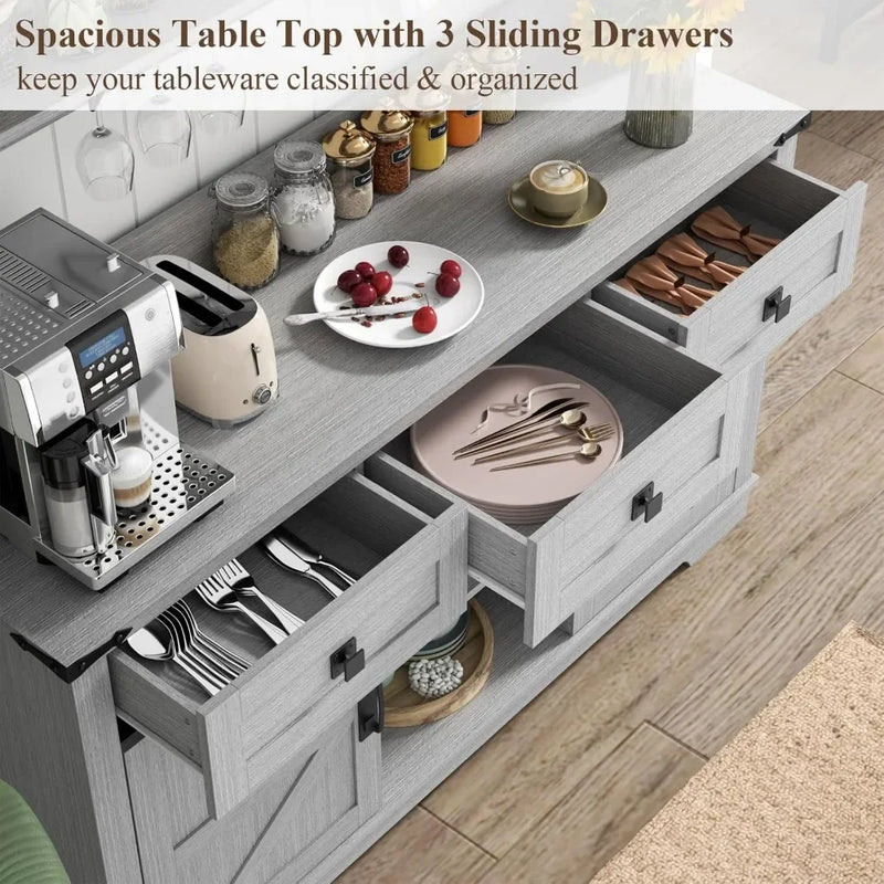 Farmhouse Bar Cabinet with Hutch, Kitchen Buffet Cabinet with Storage Cabinet & 3 Sliding Drawers, Adjustable Shelf