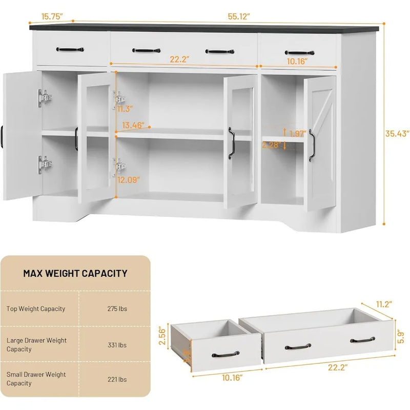 Sideboard Buffet Cabinet with Storage, 55" Kitchen Coffee Bar Cabinet with 3 Drawers & Glass Doors, Farmhouse Sideboard