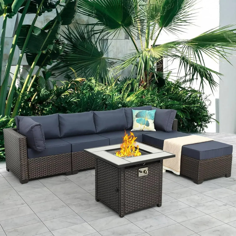 Outdoor Patio Furniture Set 7 Pieces Sectional Sofa with Fire Pit Table, Non-Slip 5" Thick Grey Cushion and Furniture Cover