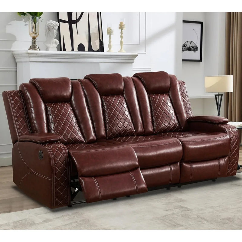 Leather Power Recliner Sofa with LED Light, Drop Down Table Wireless Charge/USB Port, 84" Luxurious Power Double Reclining Sofa