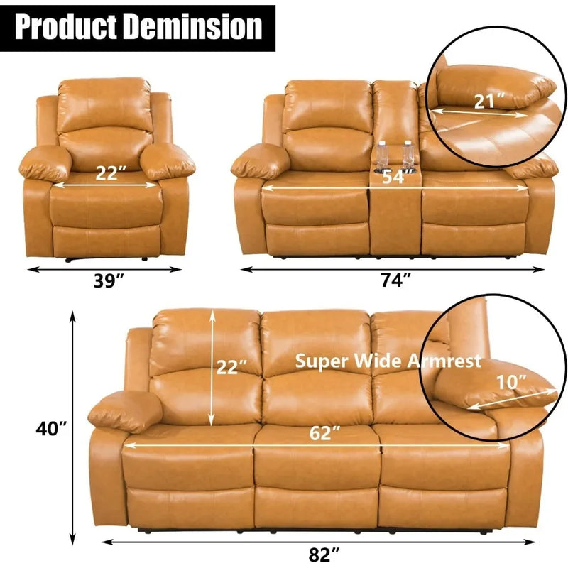 Ginger Leather Reclining Sofa Set for Living Room Set,Recliner Sofa with Drop Down Table/Double Recliner sofas