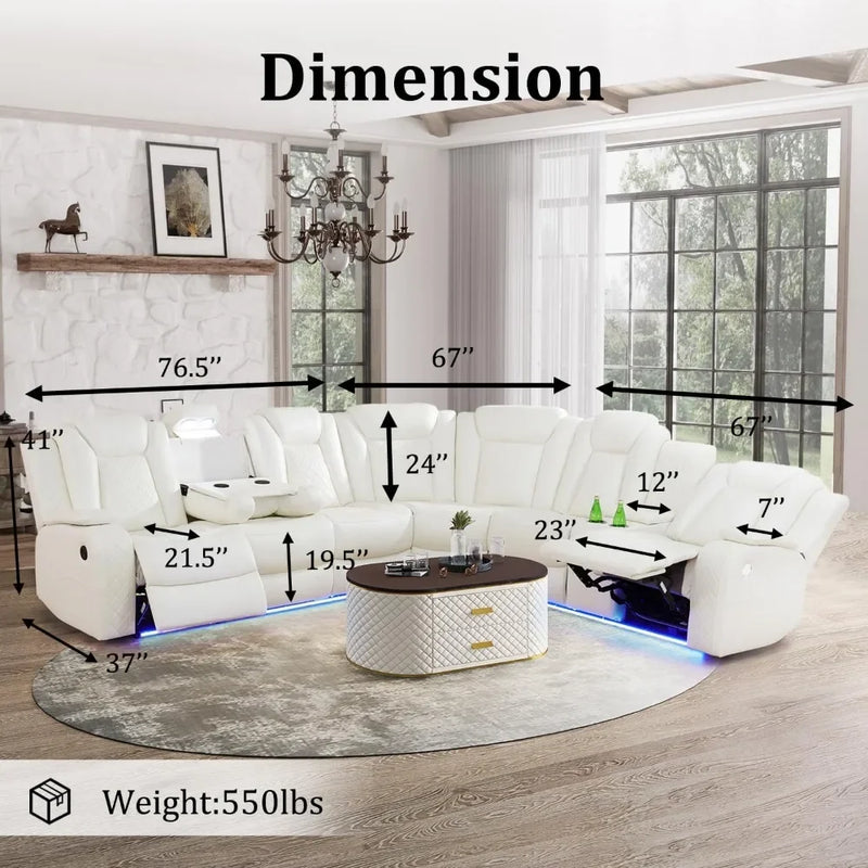 Sofa Living Room, Power Reclining Sectional Sofa USB Chargers And Storage Console, Leather Recliner Sofa For Living Room Set