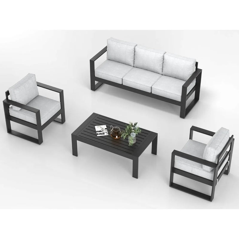 4 Piece Modern Aluminum Patio Furniture Set, Outdoor Patio Sectional Metal Seating Sets with Olefin Cushion and Coffee Table