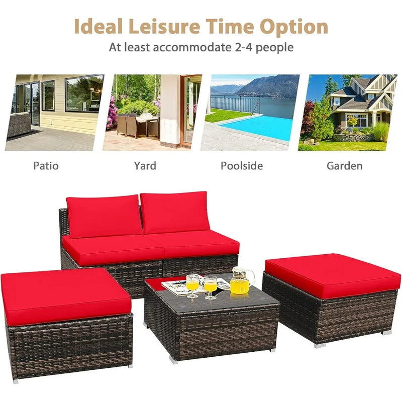5-piece chaise longue set with ottoman and coffee table, outdoor rattan wicker chaise longue, sofa bed, sofa set with cushions