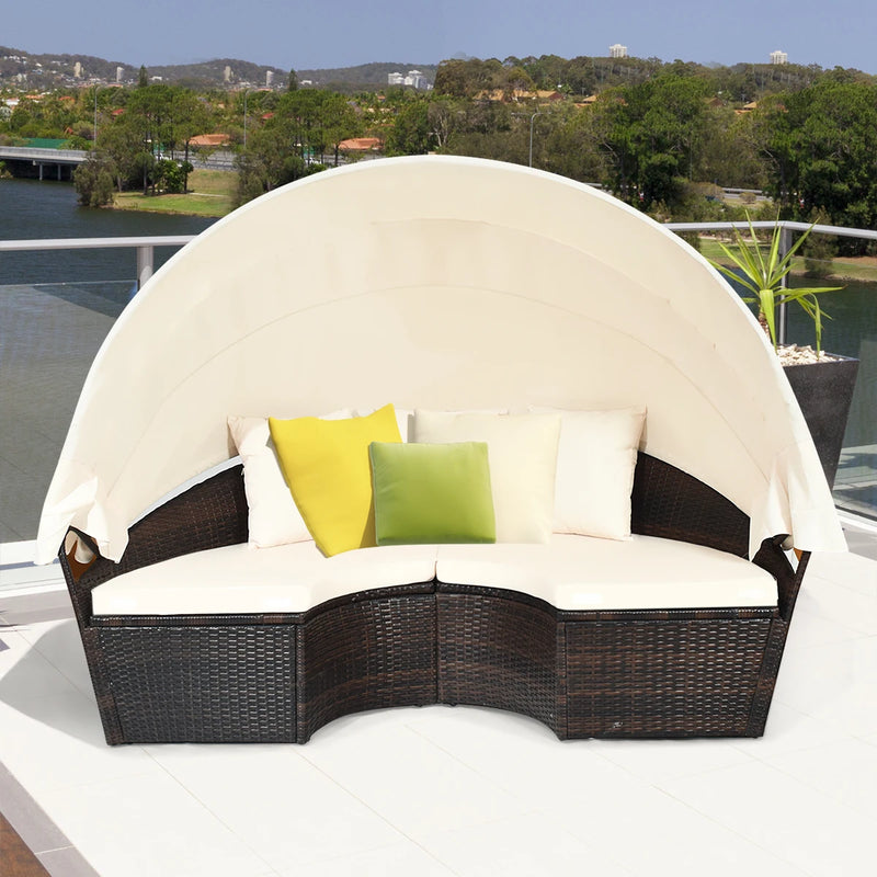 Patio Rattan Daybed Cushioned Sofa Adjustable Table Top Canopy 3 Pillows
