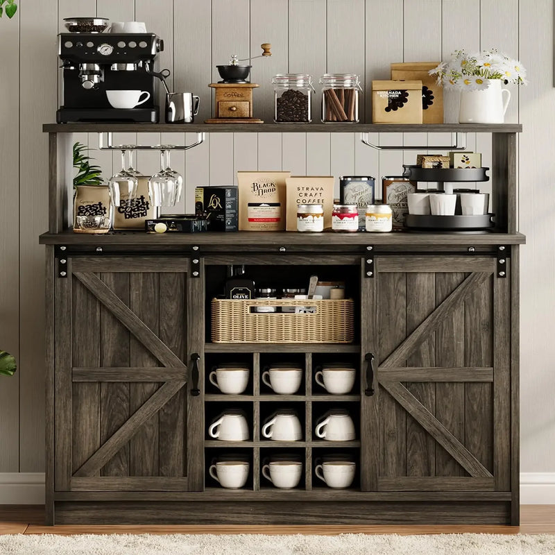 Bar Cabinet, 47” Buffet Sideboard with 4 Glass Hooks & 9 Wine Racks, Coffee Bar Cabinet with Sliding Barn Door Bar Cabinet