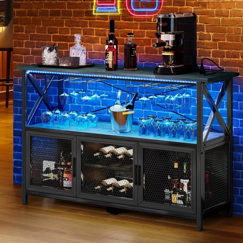 Bar Cabinet with LED Lights, Wine Cabinet with Power Outlet, Bar Table Stand with Wine Rack, Storage Cabinets, Adjustable Shelf