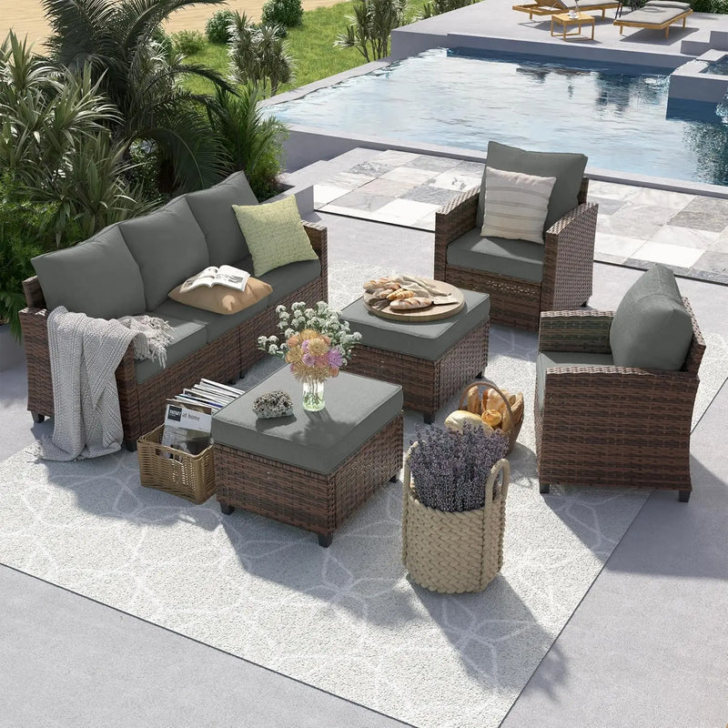 Outdoor Patio Furniture Set with 44" Fire Pit Table for Garden Backyard Deck, 6 Pieces Sectional Conversation Sets