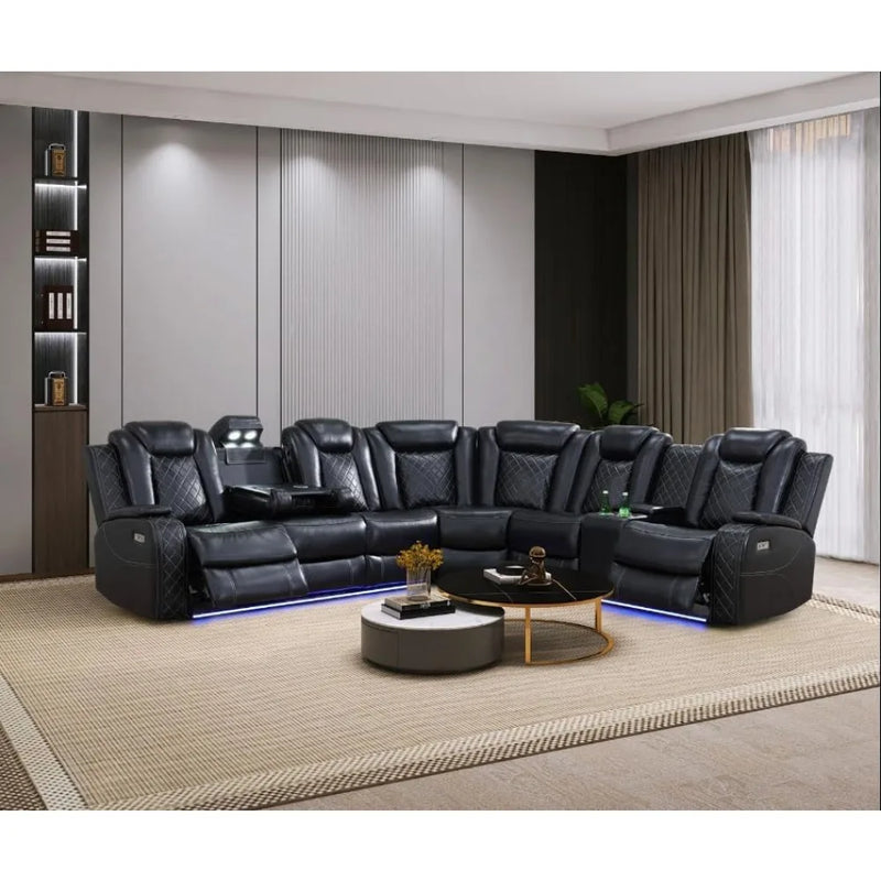 Air Leather Power Recliner Sectional with LED Lights,Reader Lights, Storage Consoles,Cup Holders USB Charging Port Sectional Set