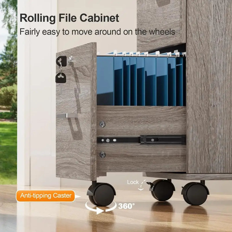 Office Mobile File Cabinet 3-Drawer Lockable Rolling Storage Cabinet Letter-Sized Folders with Handles & Wheels Gray Oak