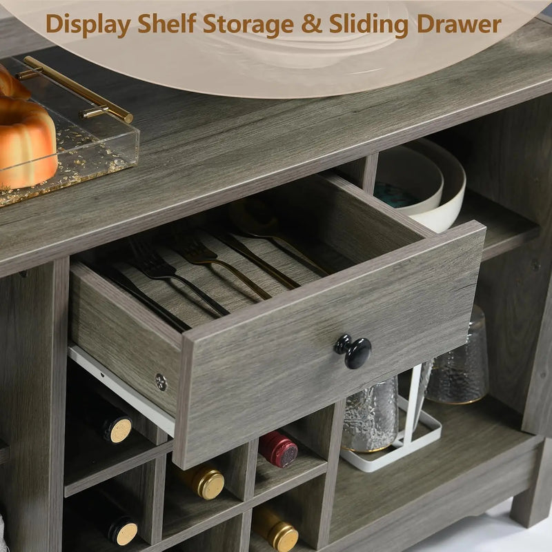 Gray Coffee Bar Cabinet With Storage, 47” Farmhouse Coffee Station With Barn Door And Wine Rack, Coffee Bar Buffet Cabinet With