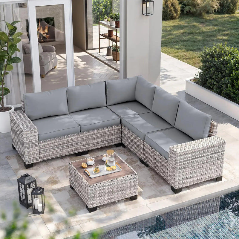 6-Piece Outdoor Patio Furniture Set - Wicker Sectional Sofa with Thick Cushions & Coffee Table for Stylish Outdoor Conversations