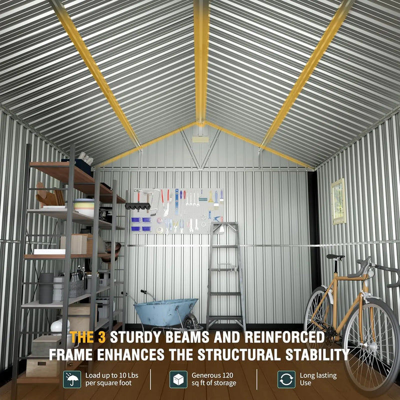 10x12 Ft Outdoor Storage Shed, Large Metal Shed with Floor, Lockable Doors Outside Steel House Ideal for Garden Tool Storage