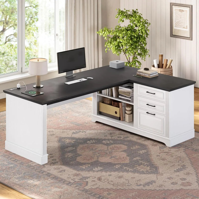 Computer Desk, Farmhouse 61" Executive L Shaped Desk, Home Office Desk with File Drawers, Computer Desk with Power