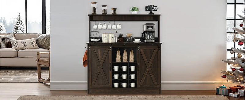 Farmhouse Coffee Bar Cabinet with 6 Hooks, 47 Inch Coffee Bar Hutch with 9 Wine Racks, Coffee Bar Table with Sliding Barn Door