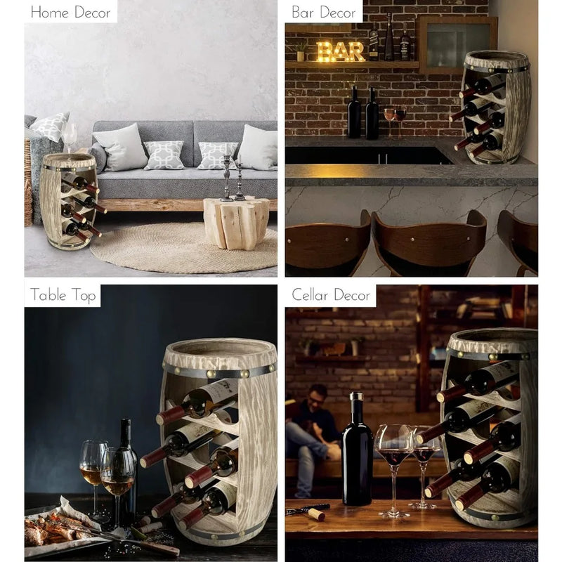 Modern Alexander Wine Rack - Freestanding Wooden Barrel Wine Holder for 8 Wine Bottles, Bottle Rack Floor Stand
