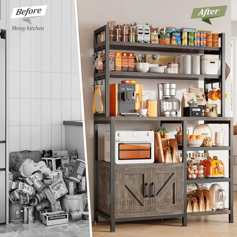 Bakers Rack for Kitchen with Storage, 6 Tier Coffee Bar with Storage Cabinet, Microwave Stand with Large Capacity and Side Hooks