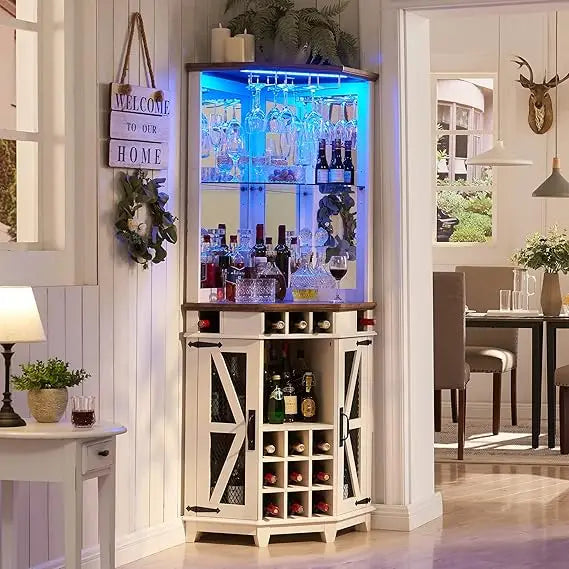 Corner Bar Storage Cabinet, 72" Tall Farmhouse Wine Cabinet w/Barn Door & Adjustable Shelf, Home Bar w/LED Light & Glass Rack f