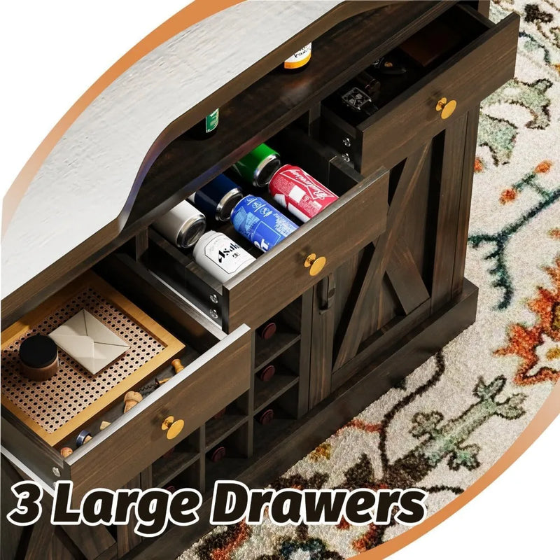 Farmhouse Home Bar Unit with 4-Tier Storage, 52 Inch Home Bar Table with 3 Drawers and 9 Wine Racks, Wine and Liquor Cabinet
