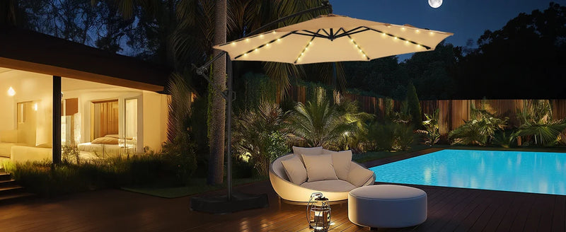 10ft Solar Lights Patio Umbrella W/Light and Base, Patio Outdoor Market Umbrella UPF50+ UV Protection with Easy Tilt and Crank