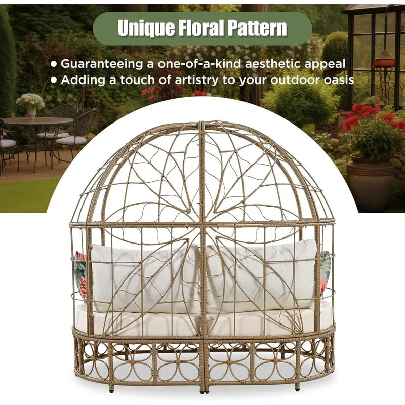 Wicker Patio Daybed with Curtain, Outdoor Sunbed with Colorful Pillows for Patio, Backyard, Poolside, Floral Pattern