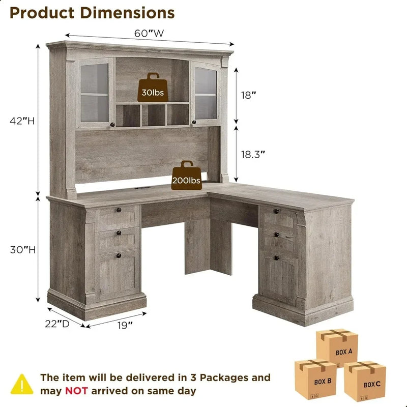 60" L Shaped Executive Desk with Hutch and Drawers, Home Office Desk with Charging Station, File Cabinet Storage,
