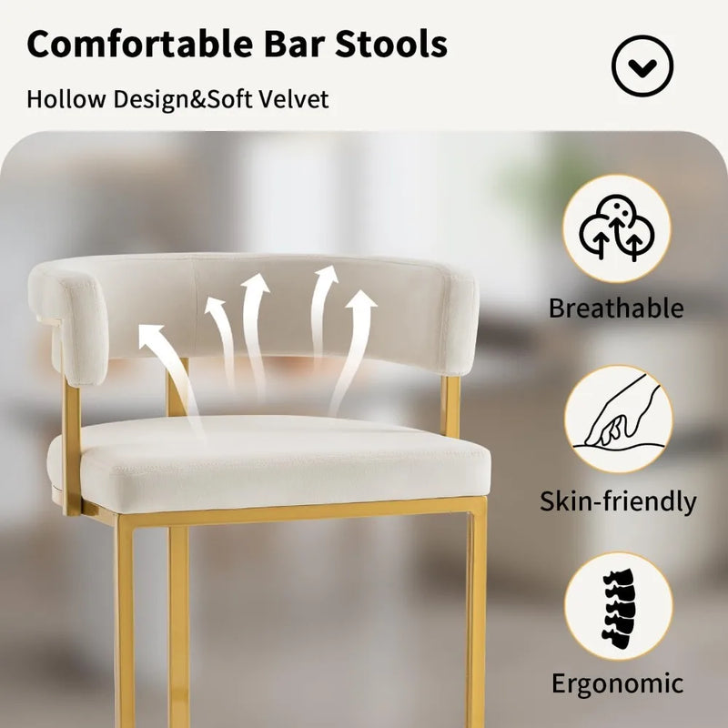 Set of 4 Beige Modern Velvet Bar Stools with Barrel Backrest, Upholstered Seat, and Gold Metal Footrest, Bar Stools