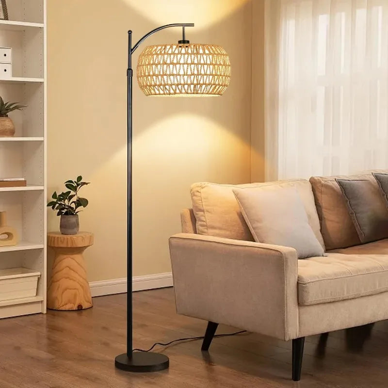 Arc Floor Lamp for Living Room Rattan Boho Floor Lamp with Remote Control,Dimmable LED Floor Lamp Wicker Shades