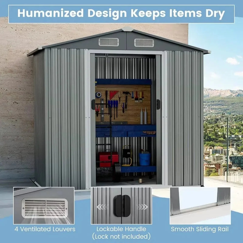 Outdoor Storage Shed, Weather-Resistant Galvanized Metal Tool House w/ 4 Air Vents, Lockable Sliding Doors, Ramp,