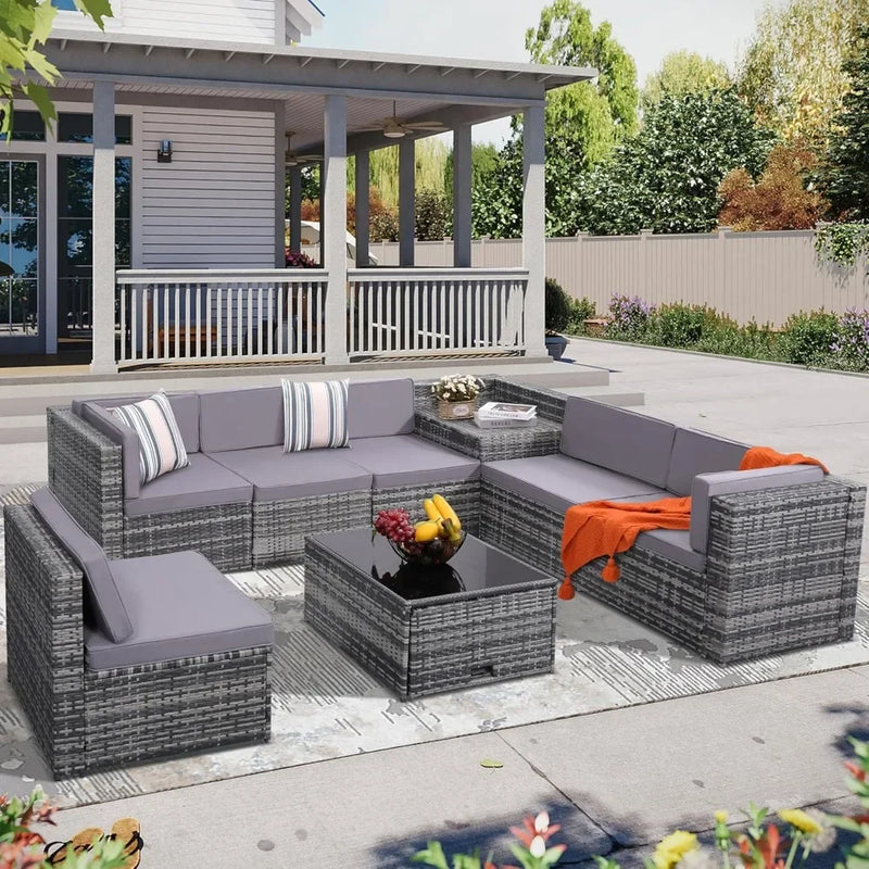 8 Pieces Outdoor Wicker Rattan Patio Furniture Set, Glass Top Table with Hidden Storage, 7 Sofa Sections, Oversized Cushions