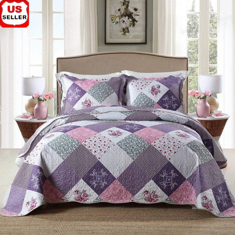 Reversible Microfiber Quilt Set 3 Piece All Season Patchwork Coverlets Floral Bedding Durable Soft Warm Lightweight