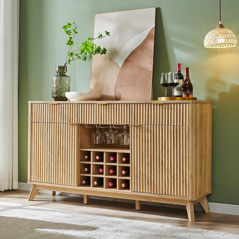 Fluted Wine Bar Cabinet for Liquor, 60" Modern Coffee Bar Cabinet w/Wine & Glass Rack, Large Buffet Sideboard w/ 3 Storage D