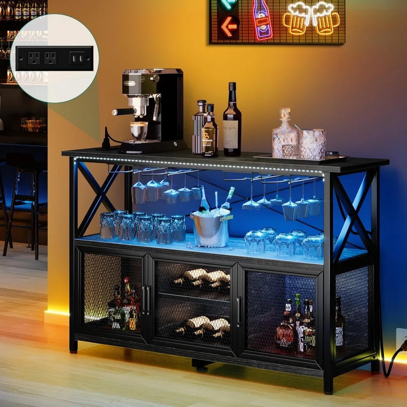 Bar Cabinet with LED Lights, Wine Cabinet with Power Outlet, Bar Table Stand with Wine Rack, Storage Cabinets, Adjustable Shelf