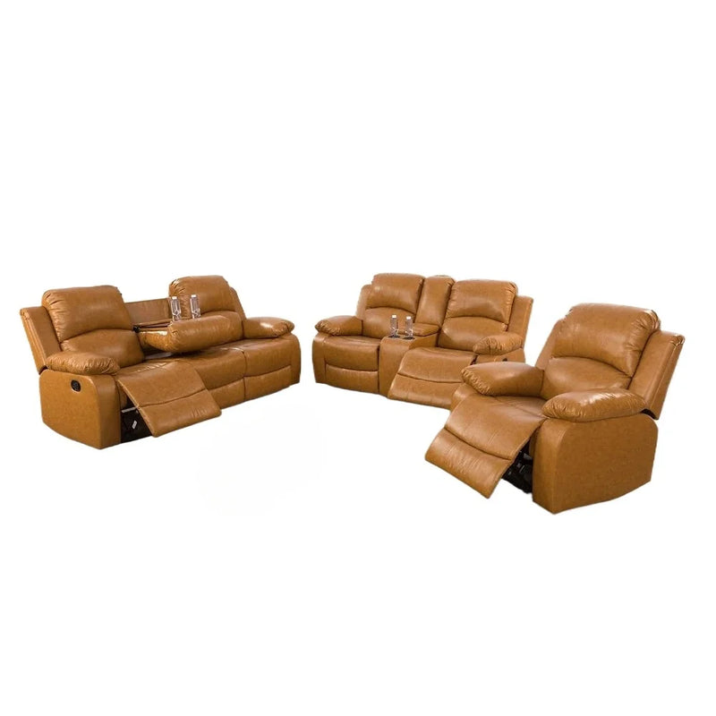 Ginger Leather Reclining Sofa Set for Living Room Set,Recliner Sofa with Drop Down Table/Double Recliner sofas