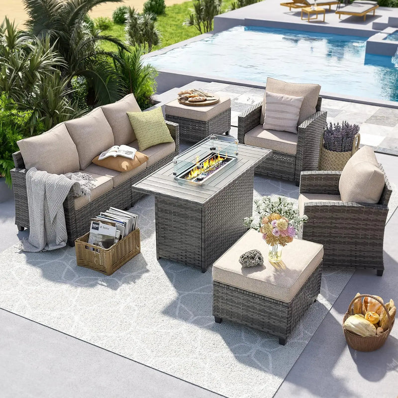 Outdoor Patio Furniture Set with 44" Fire Pit Table for Garden Backyard Deck, 6 Pieces Sectional Conversation Sets