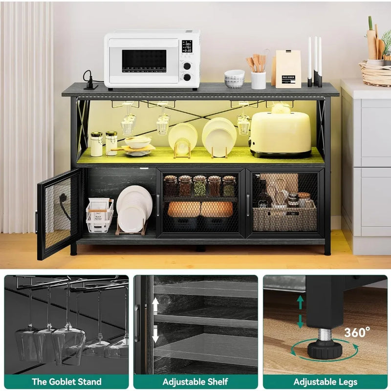 Bar Cabinet with LED Lights, Wine Cabinet with Power Outlet, Bar Table Stand with Wine Rack, Storage Cabinets, Adjustable Shelf